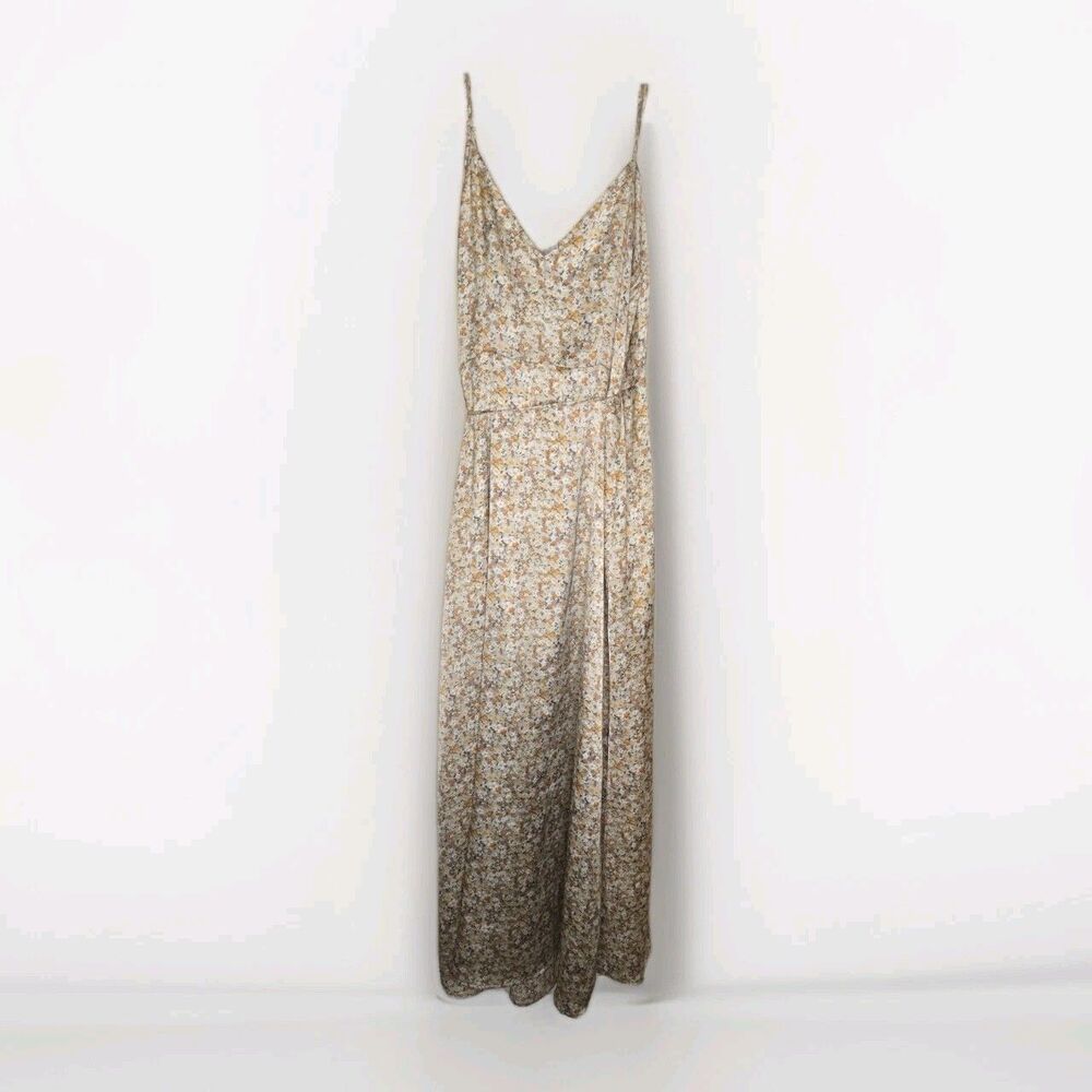 Rokoko Size L Sage Green/Multicolor Floral Satin V-Neck Maxi Wrap Dress